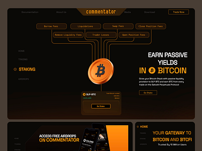 Landing page for Commentator trading app bitcoin platform bitcoin themed design bitcoin trading bitcoin wallet clean interface crypto crypto trading experience cryptocurrency platform design dark mode design digital wallet interface elegant typography trading hub design trading platform design ui ui design ui design for trading platform ui ux ux ux design