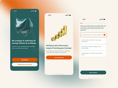 Finance App Onboarding clean design financial app fintech green app grotesk font mobile app onboarding piggy bank questions setup survey ui ux