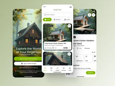 Book Your Cabin with Globetrek App android app app design application booking branding cabin design graphic design hotel illustration ios logo mobile responsive travel ui uiux ux vacation