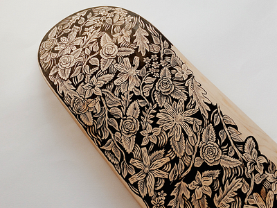 Wood art deck drawing floral illustration ink skateboard wip