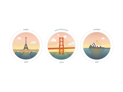 Sunset on Cities badges eiffel tower golden bridge illustration opera house paris ps25under25 san francisco sunset sydney vector vectorised