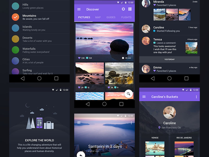 Night&Travel - Material Design android dark feed filter flat freebie gallery material sketch travel ui walkthrough