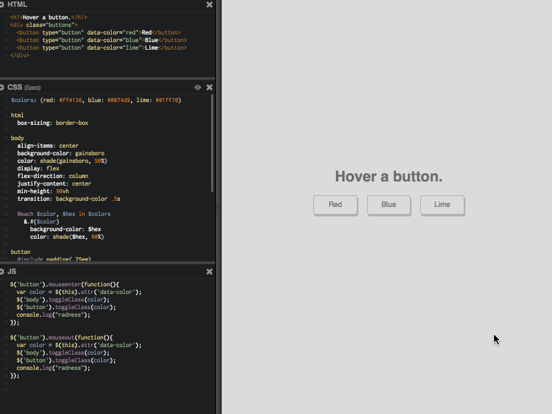 Hover a button codepen color demo gif hover jquery sass