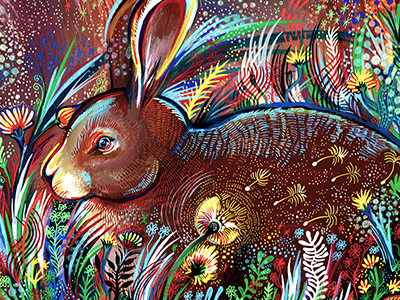 Hare color flowers hare illustration nature outdoors painting plants rabbit