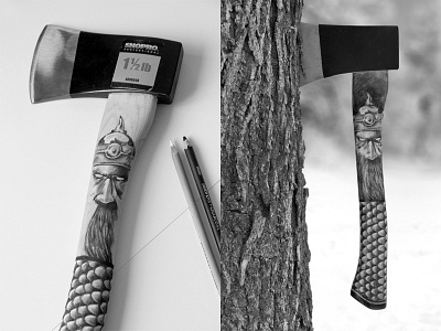 Custom Hatchet axe charcoal drawing handle hatchet illustration throwing axe toronto viking wood