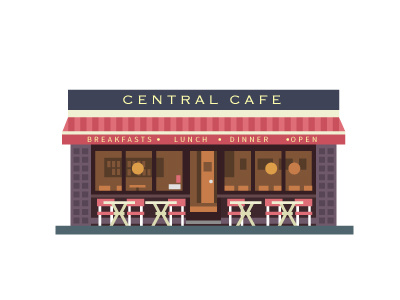 Cafe building cafe city door flat office people restaurant shop transport tree vector