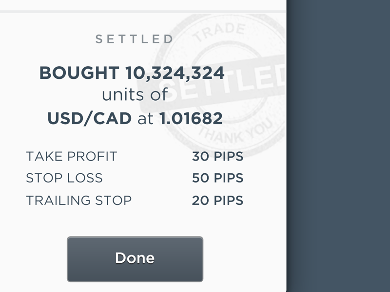 Trade Settled Screen app card confirmation currency design finance forex light minimalist module trader trading