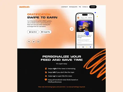 GRATIFICATI - Swipe 2 Earn Website ai powered crypto trading design gamfication illustration landing page news aggregator personalized news responsive design rewards time saving platform tokens ui design user experience user interface uxui web ui web3 web3 updates website