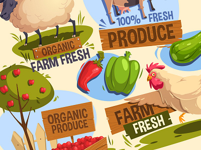 Farm Fresh Stuff apples chicken cow farm fresh organic produce sheep vector veggies