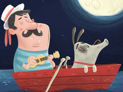 Moon Light Boat Ride boat moon digital dog illustration