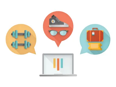 Perk Provider Platform benefits gym illustration perks shoe shopping suitcase sunglasses tickets travel vector weights