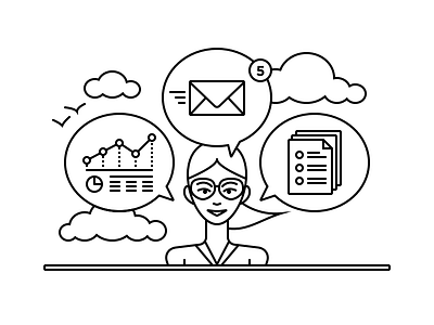 Cloud Tools analytics birds clouds document email girl glasses illustration line art