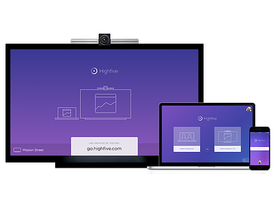 Highfive on a TV, Laptop and Phone app call conference design gradient highfive interface ios logo purple television video