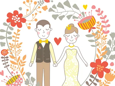 Wedding Invitation awesome bride flat flowers groom happy illustration love valentine vector wedding