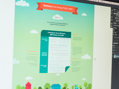 Search For Energy Energy Facts Label electricity energy flat houses illustrations light ribbon trees typography