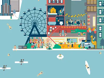 Summer in the city animals buildings chinatown ferris wheel icon illustration ninja swimming vector water