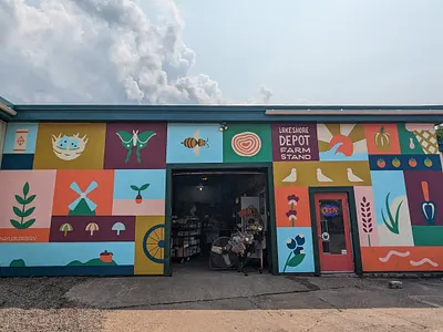 Lakeshore Depot Mural agate beach beach grass beach pea bee bike blueberry buoy farmer ice cream luna moth mural pepper plant robins egg seagull seed shovel windmill worm