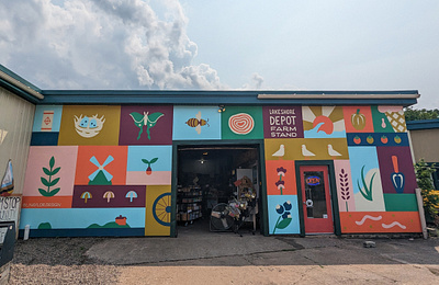 Lakeshore Depot Mural agate beach beach grass beach pea bee bike blueberry buoy farmer ice cream luna moth mural pepper plant robins egg seagull seed shovel windmill worm