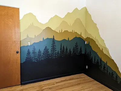 Mountain Mural alpine bedroom boy gold graphic mural green kids room landscape layers mountain mountain layers mural nursery paint pine residential spruce tree layers trees