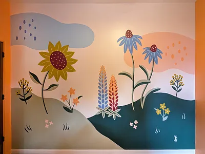 Flower Mural bedroom cloud coneflower cute echinacea floral flower girl graphic mural grass lupine magenta mural nature nursery peach periwinkle simple flower sunflower tansy