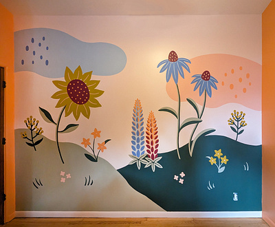 Flower Mural bedroom cloud coneflower cute echinacea floral flower girl graphic mural grass lupine magenta mural nature nursery peach periwinkle simple flower sunflower tansy