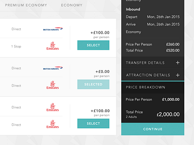 Flight Selection airlines breakdown flights holiday price sidebar summary total travel