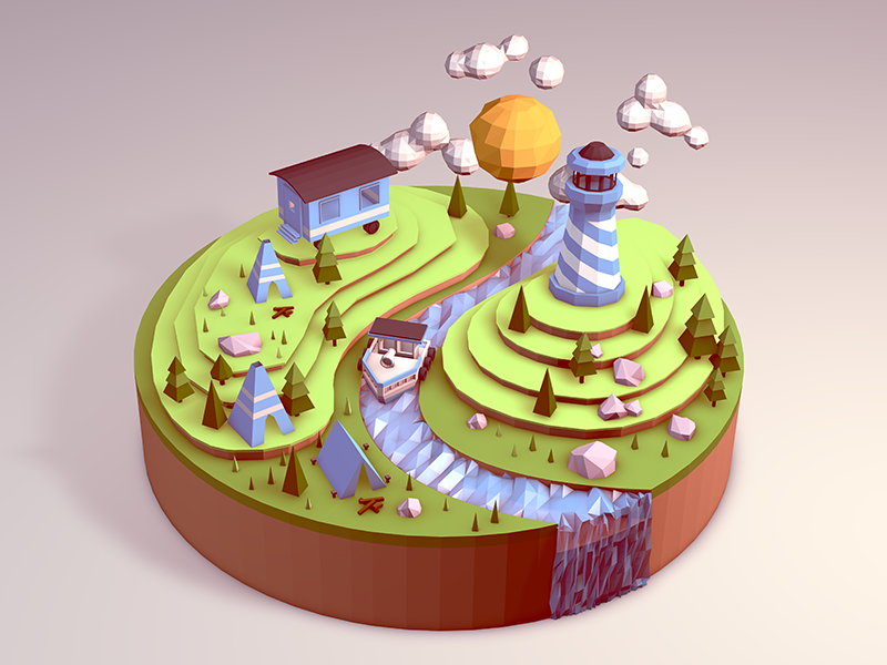 Camp Lands Microscape 3d c4d cloud illustration landscape lighthouse low poly nature river sun