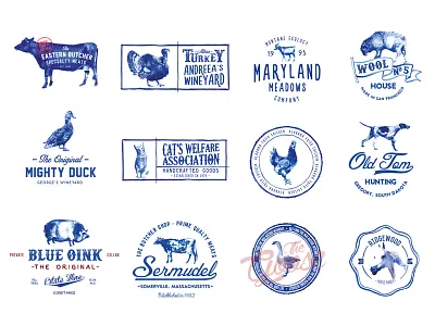 Handpainted Logos badge cat cow goat goose handpainted horse identity illustration ink lettering logo logos paint retro turkey typeface vintage watercolor