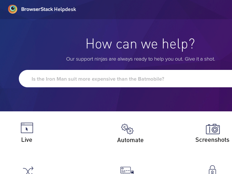 Helpdesk animation batmobile browserstack help helpdesk icons iron man lowpoly ninjas purple search support