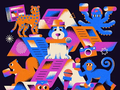 The Washington Post 2024 Newsprint abstract animals animation blue branding cheetah design dog editorial flat geometric illustration journalism minimal newspaper octopus owl shapes texture vector