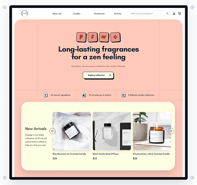 Serenity by Jan branding. candles ecommerce hero section landing page serenity by jan ui design