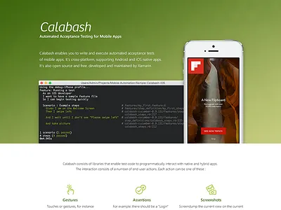 Calaba.sh landing calabash green landing page testcloud white xamarin