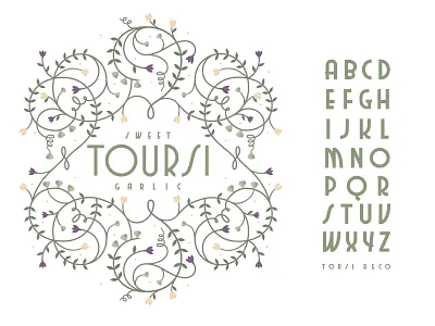 Sweet Garlic Toursi flourish flower garlic leaf lettering onoin packaging pickle sweet sydney goldstein typeface vine
