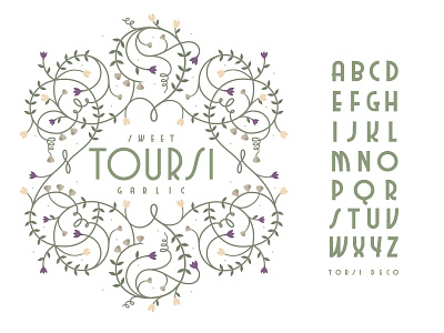Sweet Garlic Toursi flourish flower garlic leaf lettering onoin packaging pickle sweet sydney goldstein typeface vine