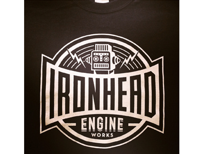 Ironhead auto engine lettering logo robot shirt silkscreen tee