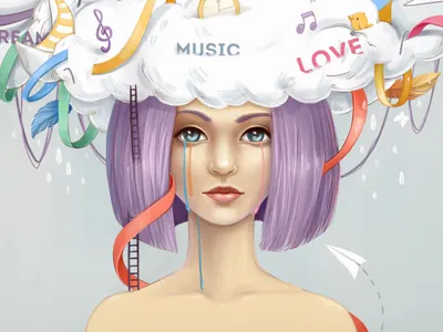 Colorful thoughts airplane bird cloud face girl hair love psychology ribbon thoughts woman