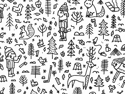 Rinkti.me App Illustration animals app birds characters design forest illustration line work sketch snow trees winter