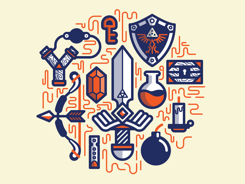 Zelda Essentials arrow bomb bow chest colorful fanart flute game illustration sword weapon zelda