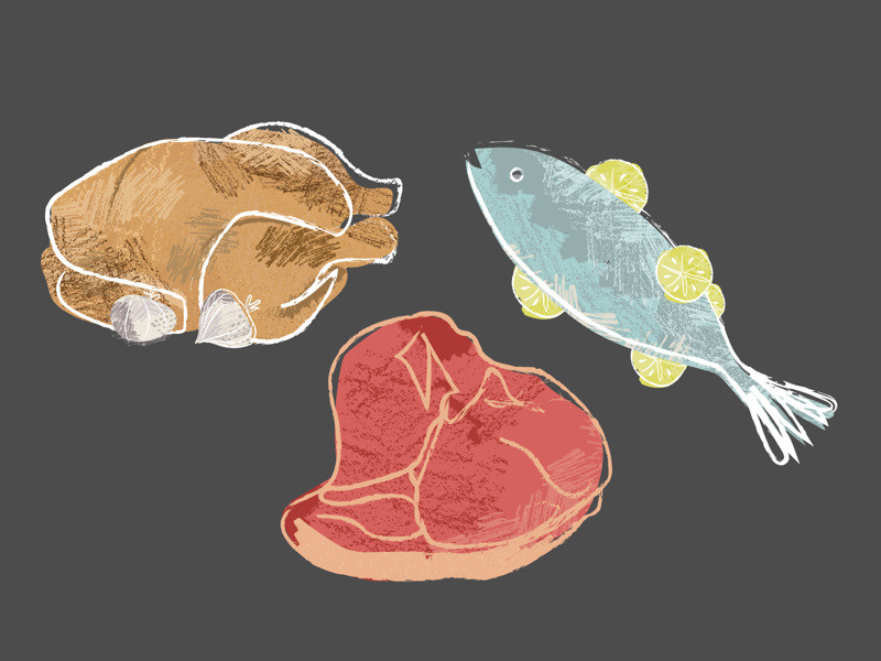 Chicken, fish, & steak illustration