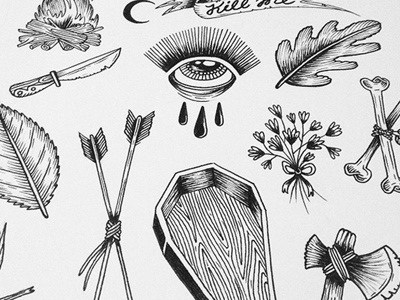 Pattern Part 2 arrow blackandwhite bones coffin eye fire flower knife leaf tattoo wood