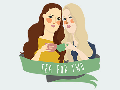 Tea For Two art friends poster print retro sisters tea cup teal type typography vector women