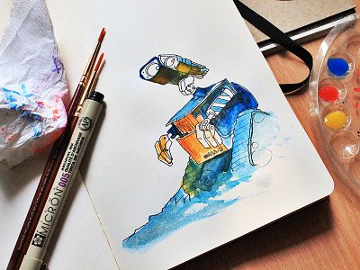 Wall e blue brush fan art micron moleskine multicolor wall e watercolor