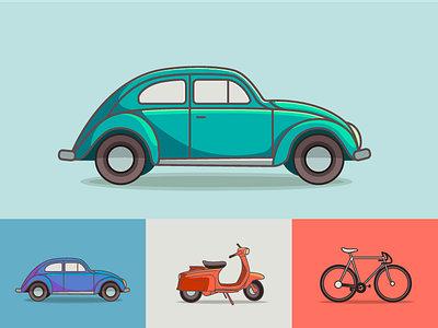 Retro app bike car flat illustration old pastel red retro scooter vintage