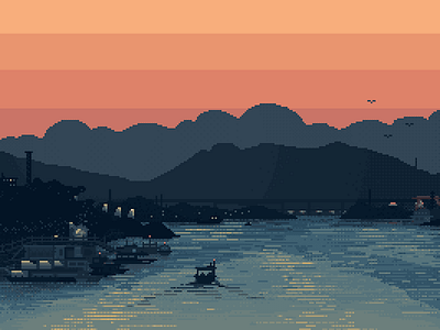 Kiuliong River boat drawing ferry illustration pixel river sunset