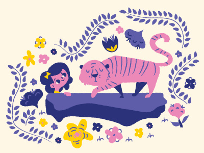 Smug Tiger childrens book illustration pink smug faces tiger tiny flowers violet