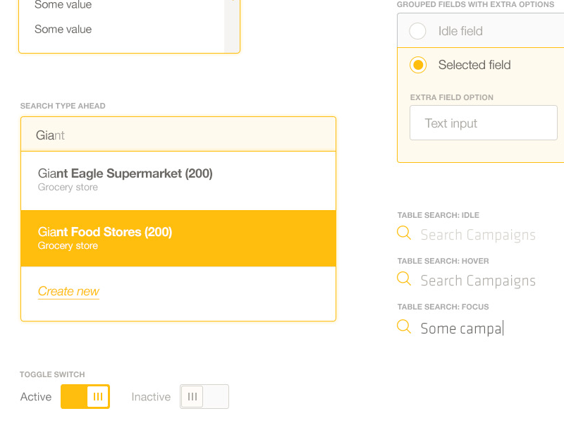 Kit of Parts - Type Ahead, Radio, Toggle switch design radio button search toggle type ahead ui web app