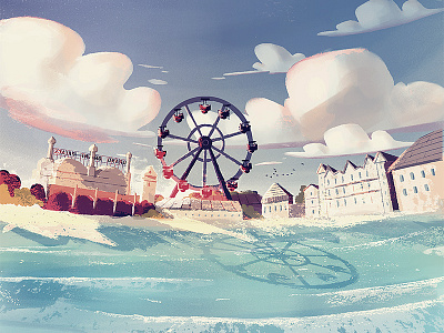 Orchard Beach beach clouds ferris wheel illustration maine ocean sun water waves