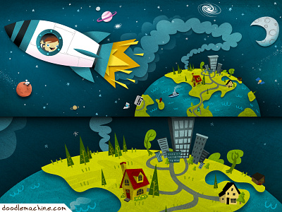 Artboard Rocket art boy child drawing earth illustration moon planet rocket space stars vector