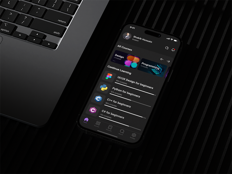 E-learning Mobile IOS App app clean ui course app dark mode ui e learning app edtech education app figma learning platform lms mobile app modern ui online learning student dashboard study app uidesign uiux uxdesign