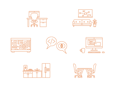 Tiny office couch desk icons illustration kitchen office workspace